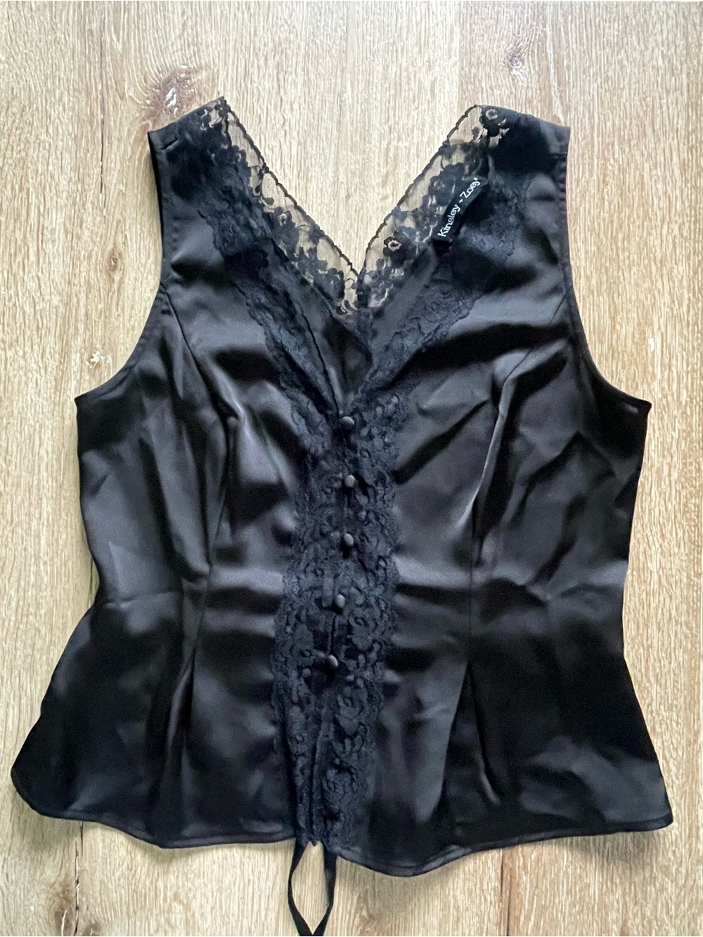 Kinsley Armelle Black Satin Lace-Trim Button Down Top